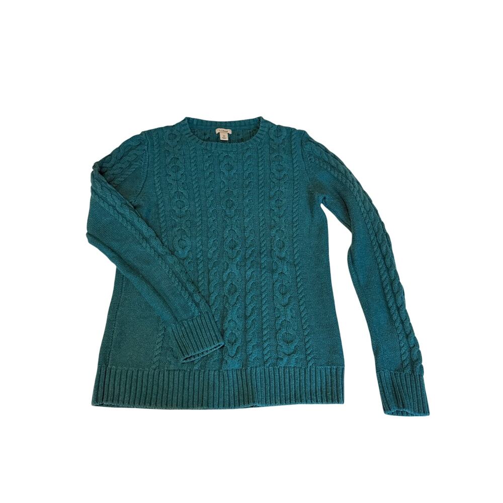 Vintage LL Bean Cable Knit Fisherman Sweater Women Teal Small 100% Cotton
